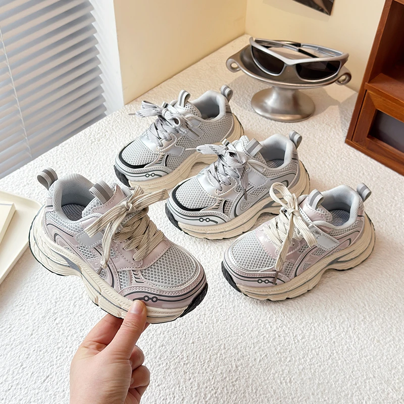 

Детские кроссовки для девочек, осень 2024, новая модная спортивная обувь для малышей, дышащая детская повседневная школьная баскетбольная обувь с сеткой