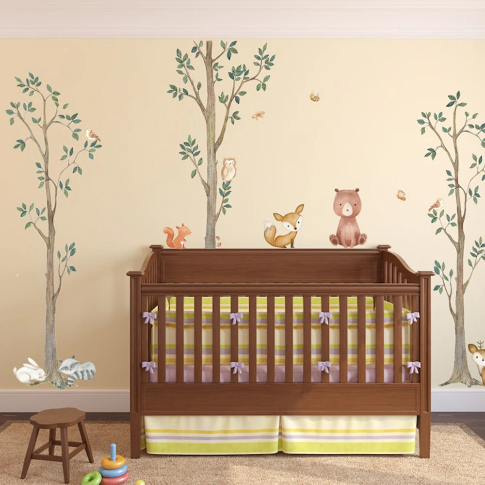 Woodland Watercolor Tree Jungle Animal Wall Stickers  Forest Bear Fox Raccoon Rabbit Squirrel Owl Wall Decals Bedroom Decor