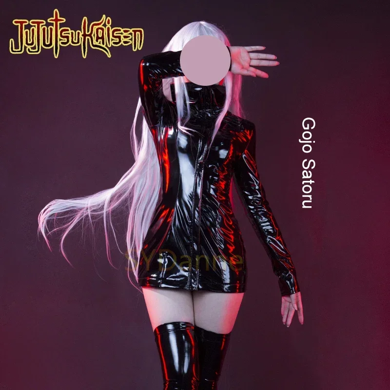 Anime Jujutsu Kaisen Gojo Satoru Female Cosplay Costume Woman Leather Tights Uniform Suit Party Outfit Sexy Mystery Tight Skirt