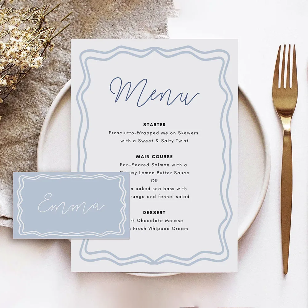 Menú y mantel azul personalizado pintado a mano, menú de ducha nupcial, menú ondulado azul, configuración de mesa de cena de invitados