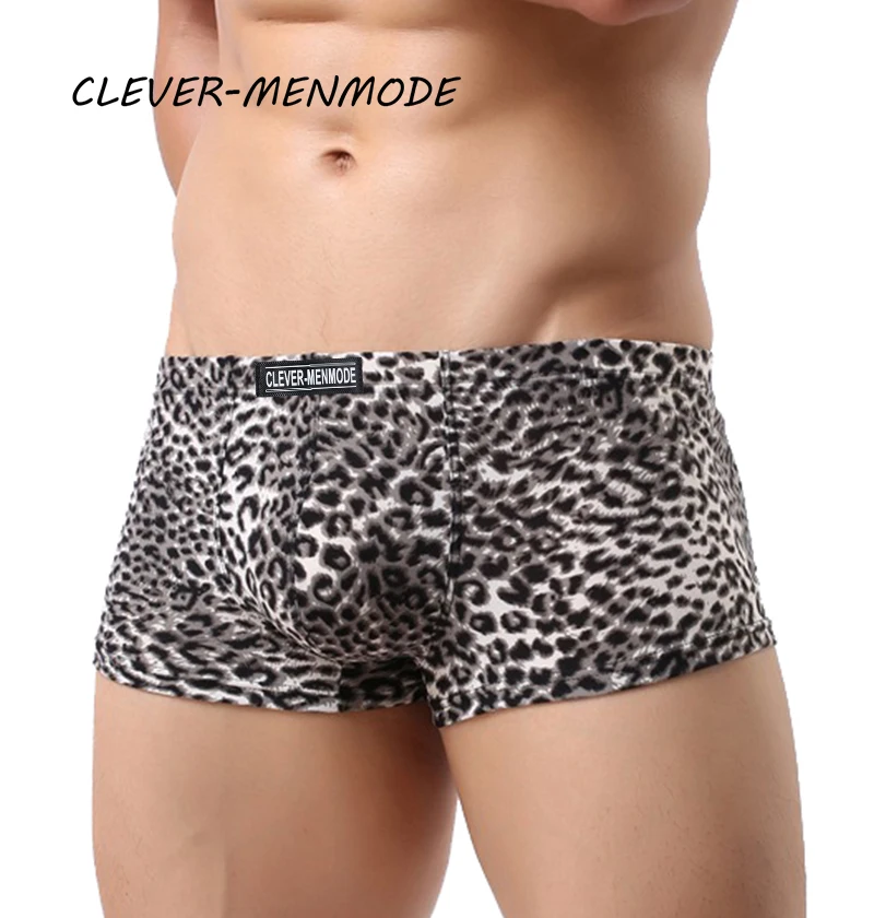 CLEVER-MENMODE Mens Sexy Leopard Boxer Hot Underwear Trunks Exótico Estilo Selvagem Calcinha Masculino Macio Respirável Confortável Cueca Hombre