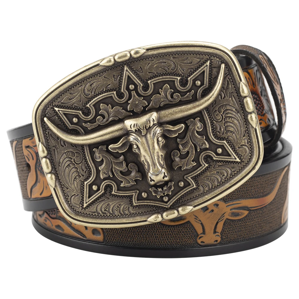 Fashion Men's Belt West Cowboy Genuine Leather Bull Head Buckle