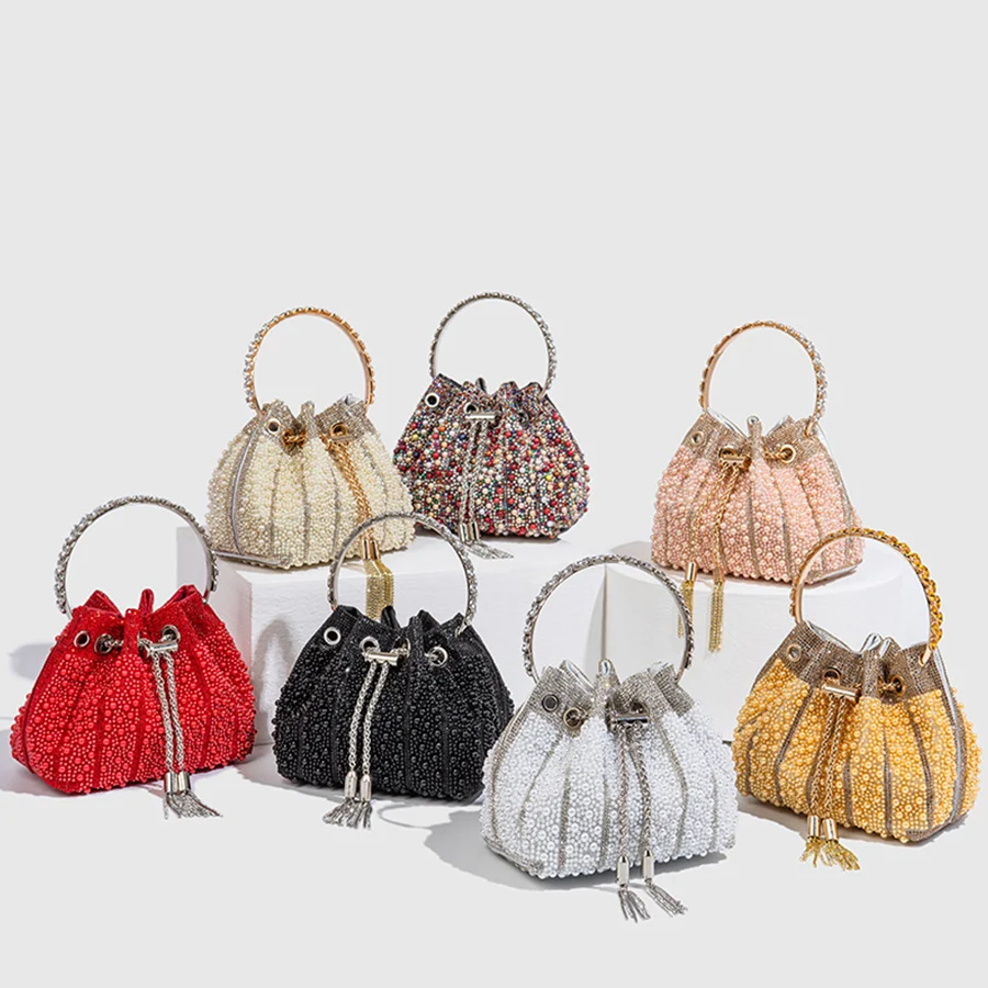 Luxury Pearls Bucket Bag Fashion Drawstring Party Evening Bags for Women Designer Handbags and Purse Round Handle Wedding Clutch