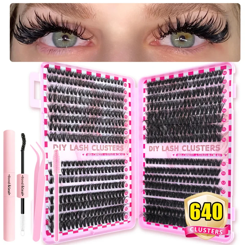 640個入りプロ用DIYまつげエクステキット（グルー、ピンセット、ブラシ付き）- 極厚ふわふわナチュラルボリューム、9-16mmの長さ