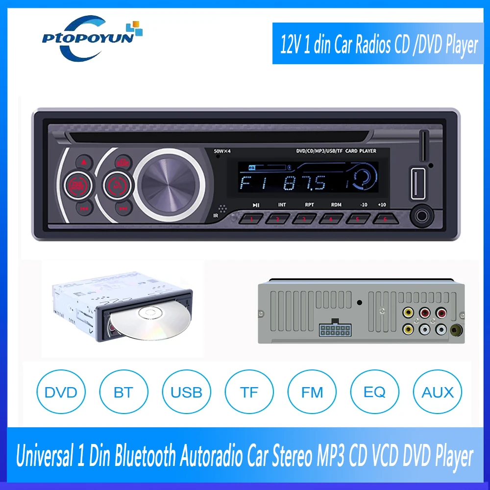 Ptopoyun Universal 1 Din 12V Car Radio Auto Audio Stereo Bluetooth Built-in AUX USB MP3 DVD Player/CD/SD/FM Hands-free Calls