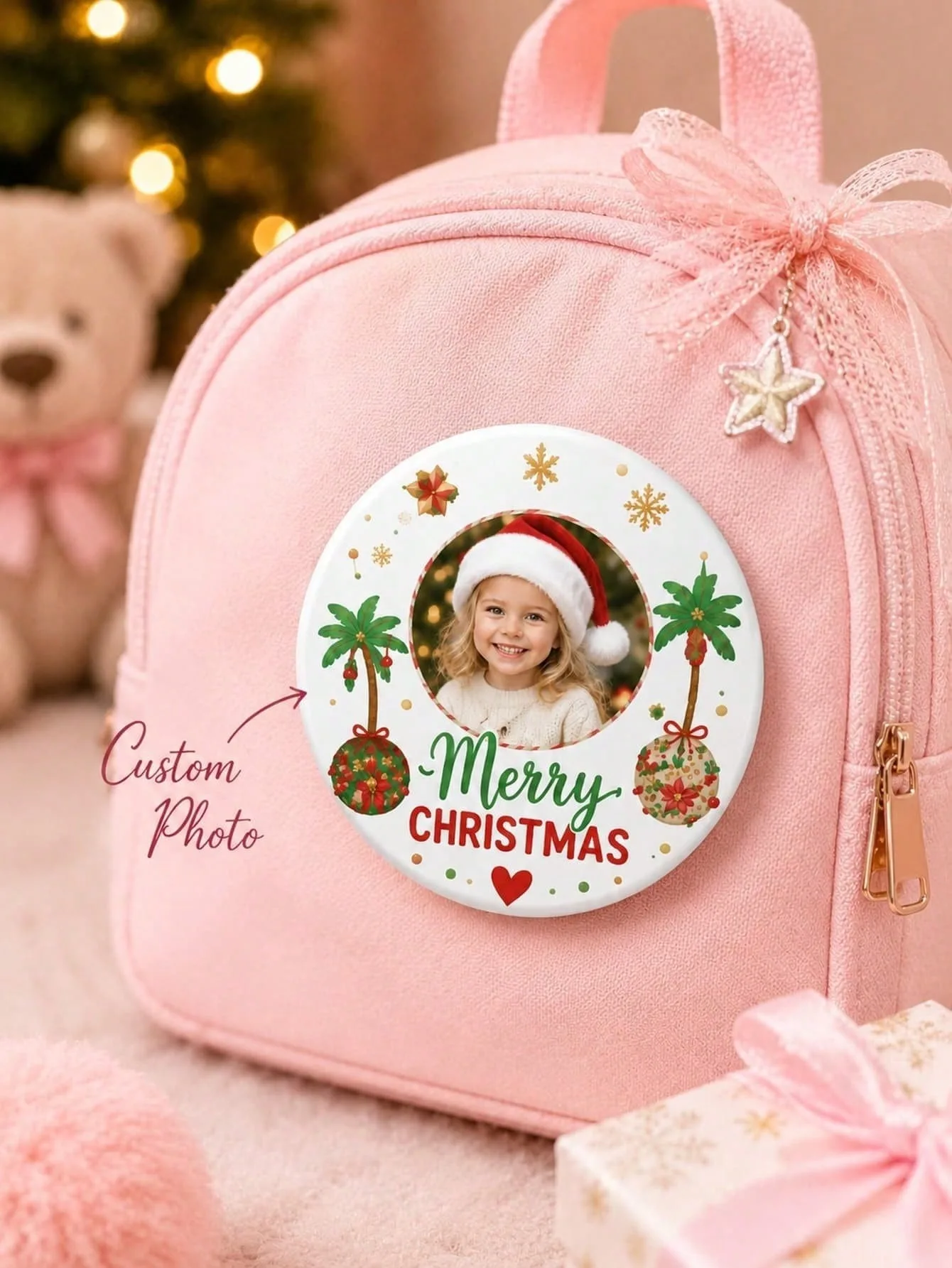 Custom Photo Christmas Button Badge, Personalized Round Pin With Your Picture, Merry Christmas Palm Tree Ornament Design