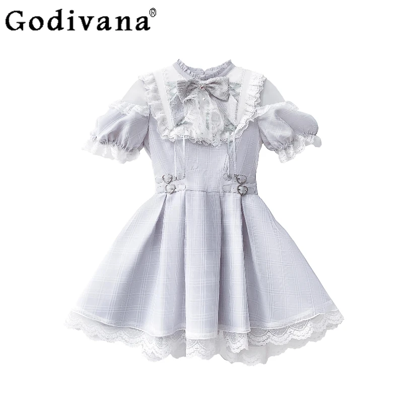 

Gray Blue High Waist Lolita Short Dress Women's Original Lace Mass-Produced Dress Female Short Sleeve Sweet Cute Dress