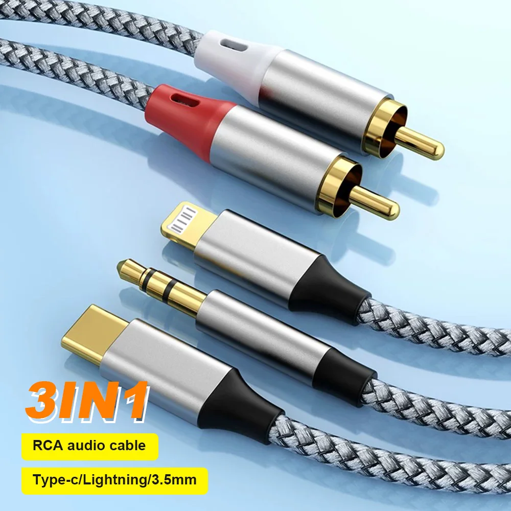Cabo de áudio digital rca 3.5mm/relâmpago/tipo c para 2rca macho para macho 3 em 1 adaptador para caixa de tv amplificador de vídeo alto-falante cabo de áudio