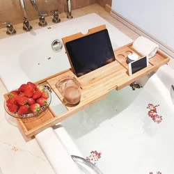 Nordic Bathtub Organizer Natural Nanmu Wood Tray Handmade Storage Shelf Stable Non-Wobbling Stand Elegant Bath Accessory