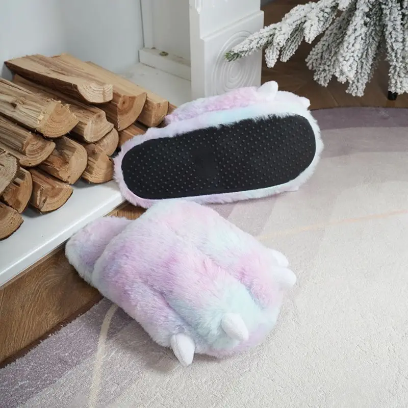 New novelty bear paw slippers winter women's designer light floor shoes woman rainbow fluffy slides ladies animals claw slippers