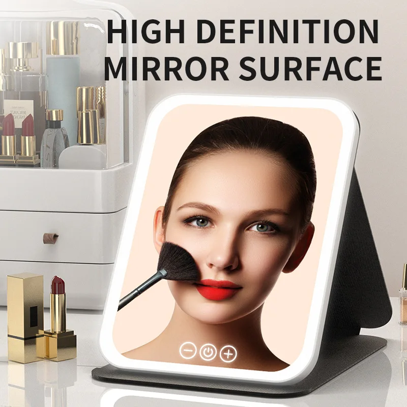 LED Cosmetic Mirror Portable Foldable with Light Rechargeable Vanity Mirror Desktop Fill Light Leather Case Mirror