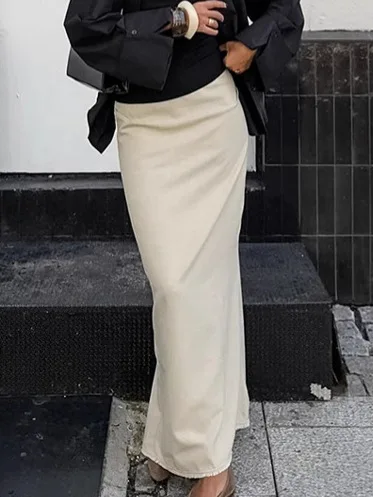 

2026 Spring Summer Women Elegant Khaki Frayed Bodycon Midi Skirt High Waist Cotton Straight Long Skirt