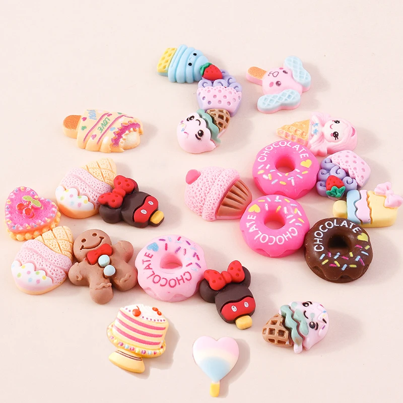 Mini resina traseira plana cabochão, 10pcs, bonito, doce, comida, sobremesa, rosquinha, bolo, diy, scrapbooking, para meninas, arcos de cabelo