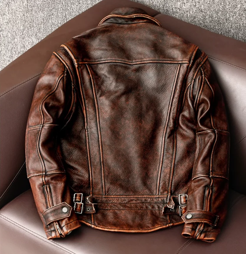 Vintage Swallow Tailed Men's Leather Jacket 100% Cowhide Motorcycle Coat Male Biker Clothing Asian Fit S-7XL