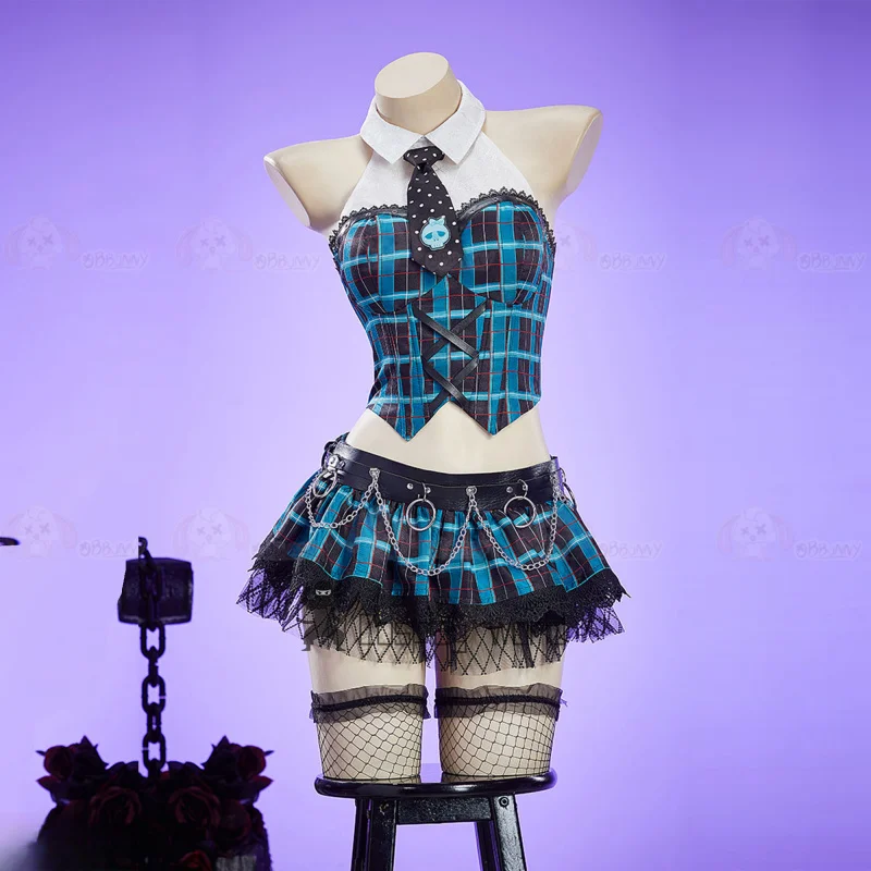 أزياء أنيمي مونستر كوس هاي فرانكي ستاين التأثيرية للنساء فستان منقوش باللون الأزرق القوطي ملابس مجموعة حفلات الهالوين