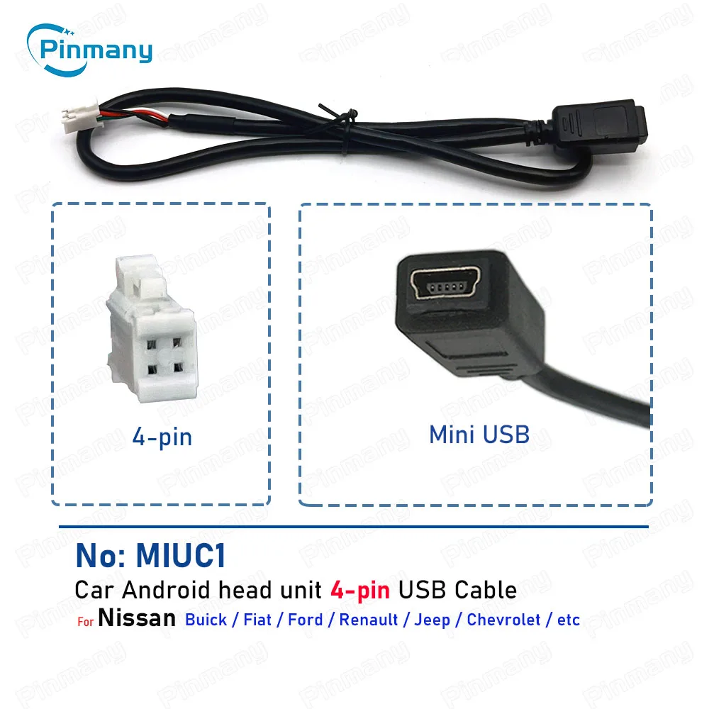 Car Radio USB Cable 4-pin USB2.0 Audio Data Wire Harness Adapter Length 50cm~100cm for Renoult, Jeep, Chevrolet, Ford