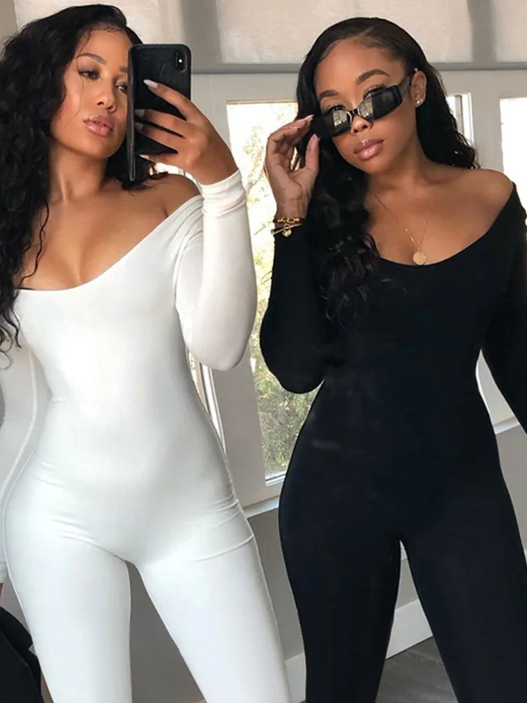 

2024 Long Sleeve Slash Neck Skinny Solid Stretchy Bodycon Jumpsuits Autumn Winter Women Fashion Streetwear Outfits Romp