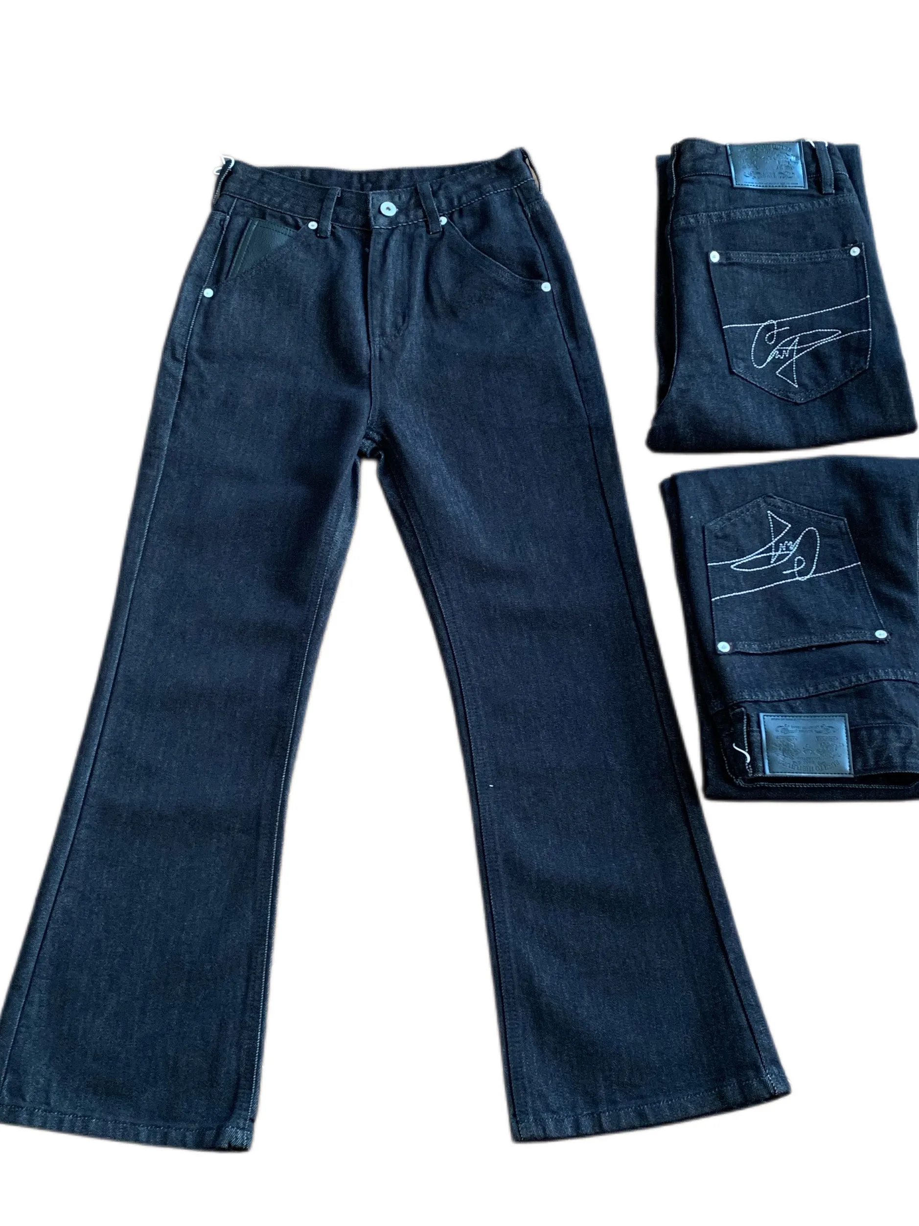 Retro American High Street Distressed Black Original Denim Letter Embroidery Special Mix Flared Versatile Men's Jeans Trendy