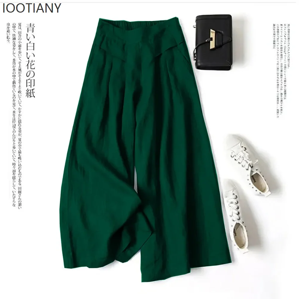 Summer Women's Culottes Cotton Linen Cropped Wide Leg Pants Elastic Waist Casual Palazzo Trousers with Pockets 2026