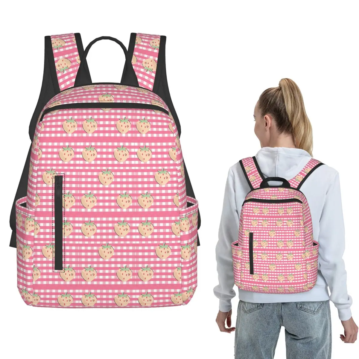 

Pleasing Aesthetic Checkered Striped Plaid Pink Strawberry Gingham Backpack Large Capacity BookBag School Bag Shoulder Bags