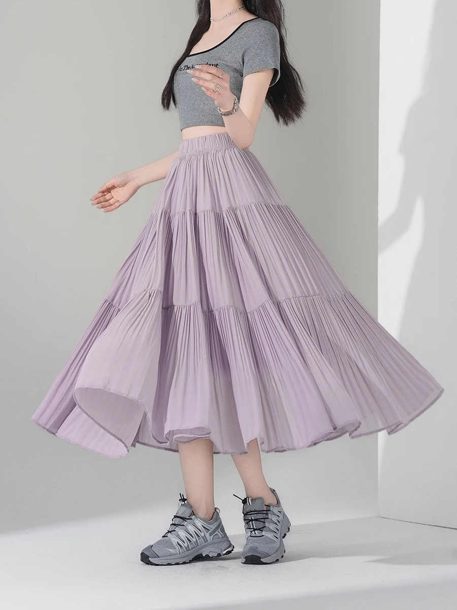 plus Size Midi Skirt Women's Summer Mist Purple Gentle Wind A-Line Skirt Flared Skirt Korean Style Pleated Skirt Travel Friendly