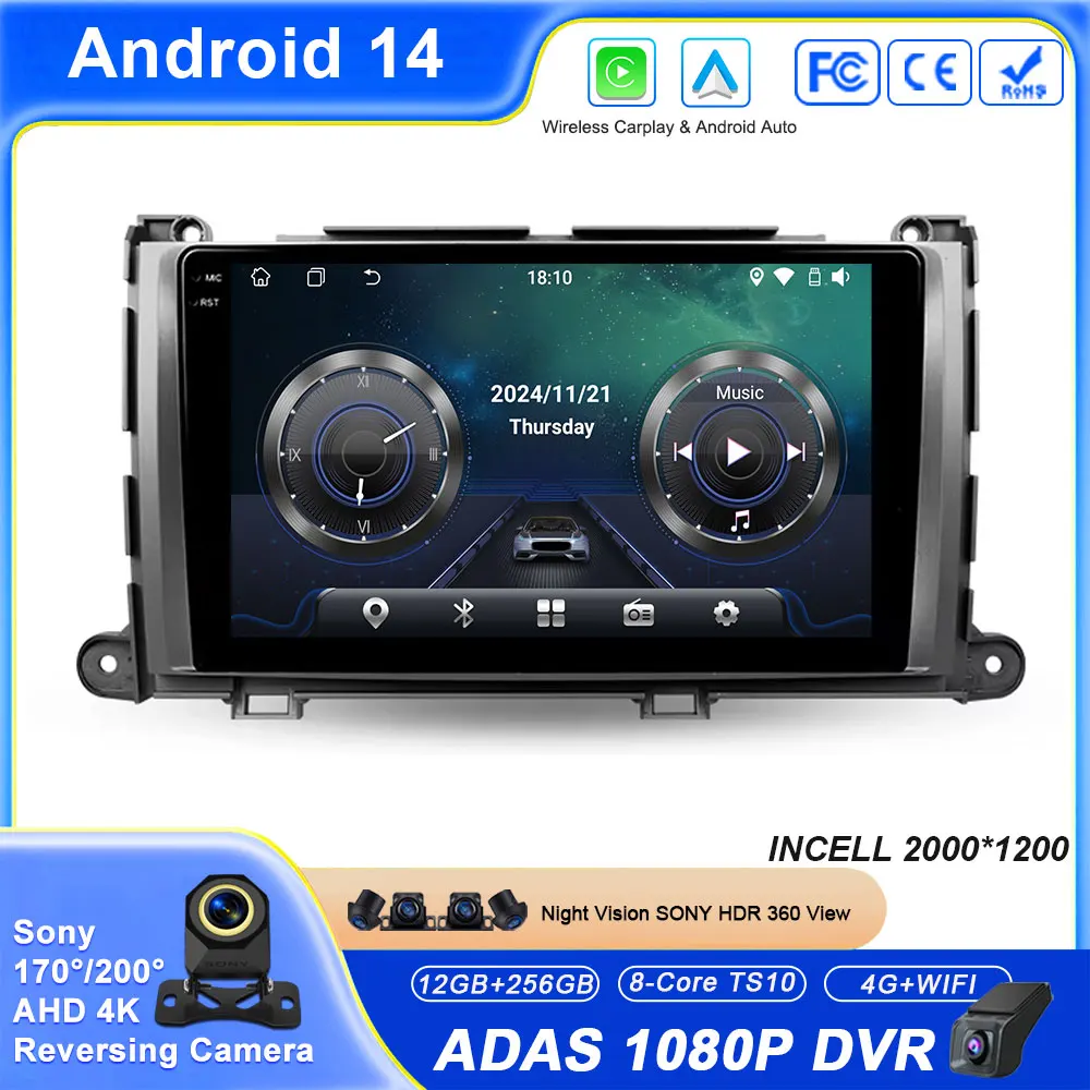 

Android 14 Carplay Auto For Toyota Sienna 3 XL30 2010 - 2014 Car Radio Multimedia GPS Navigation Player WIFI Stereo No 2DIN DVD