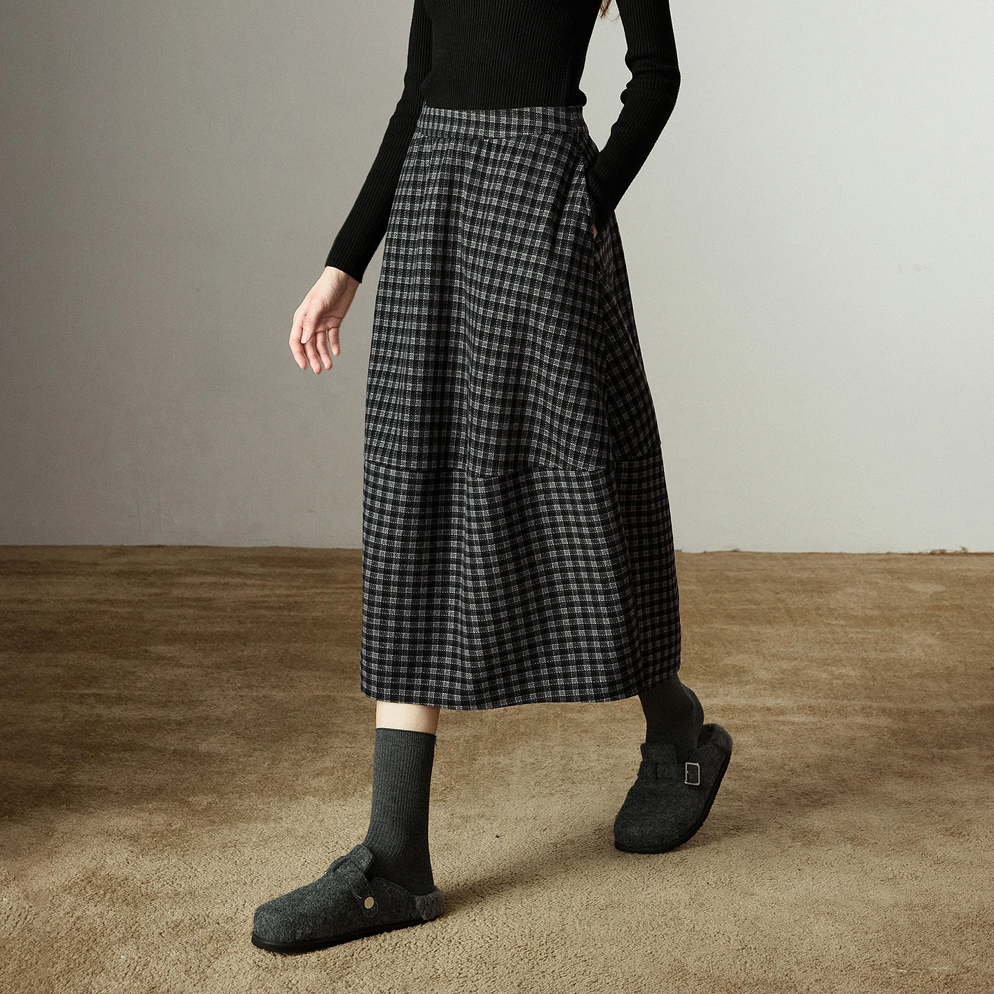 TOYOUTH Women Midi Skirts 2025 Winter New Elastic Waist Retro Plaid Split Splicing Oversized Floral Bud Skirts