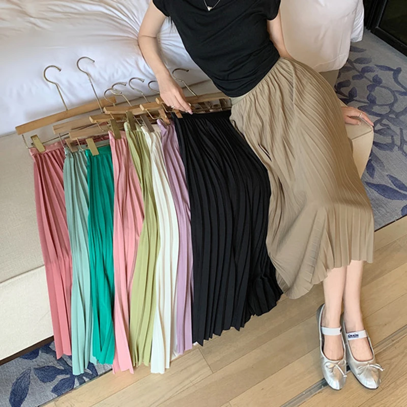 Women's Elegant Pleated Skirt High Waist Women Candy Color Skirts Female Ladies High Quality Woman Long Skirt