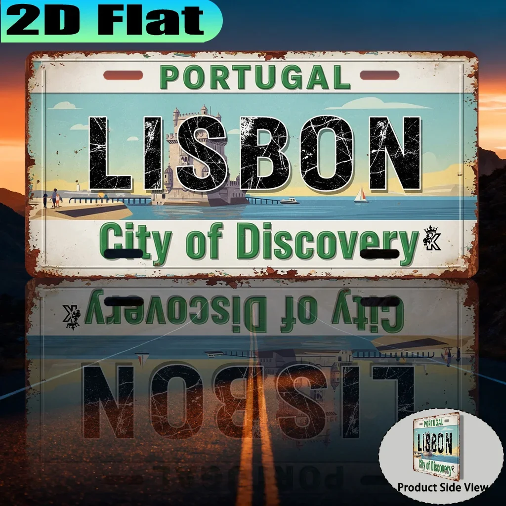 2D Flat - Lisbon City of Discovery Retro Aluminum Sign License Plate, Vintage Urban Style, Travel Enthusiast Souvenir