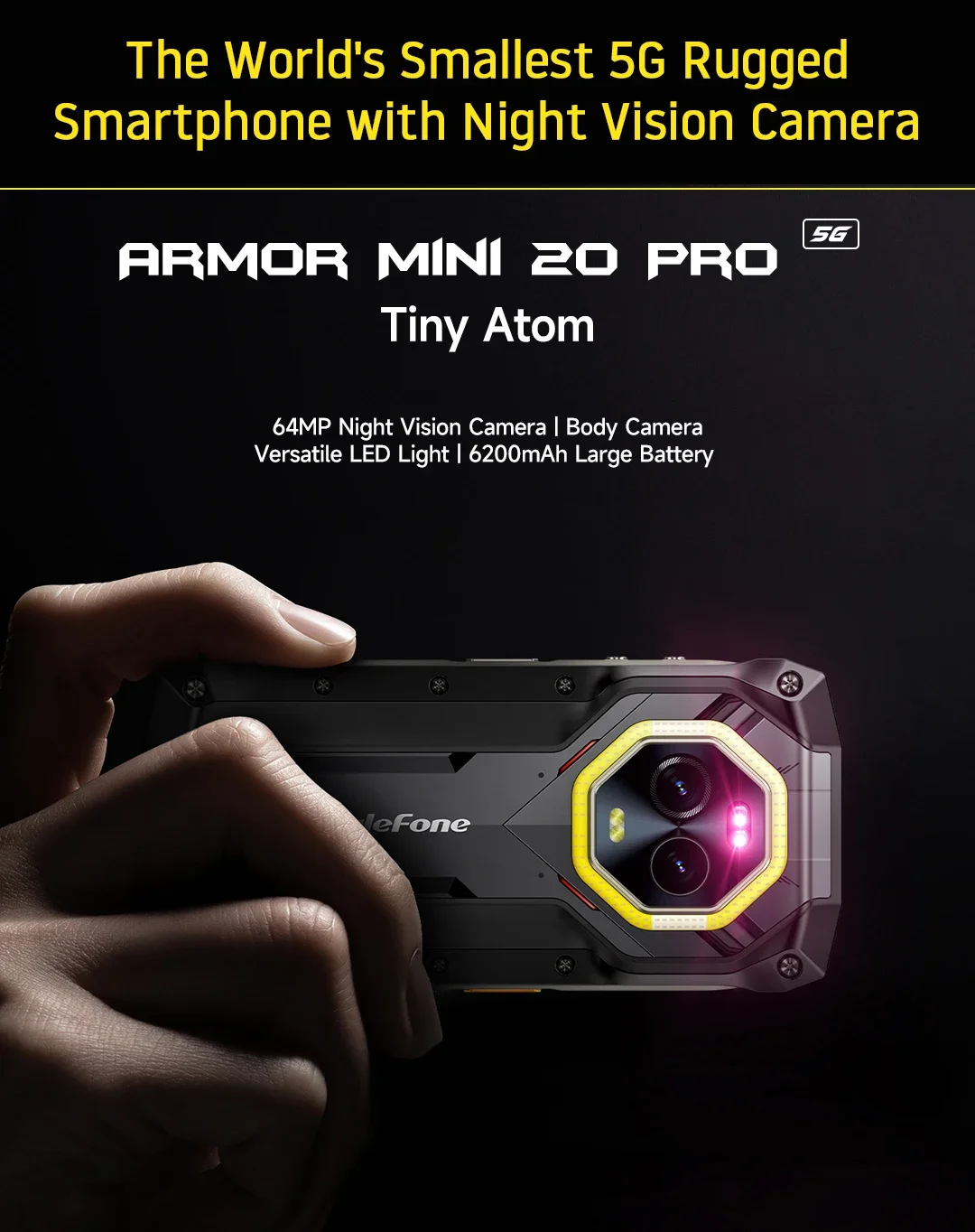 Ulefone Armor Mini 20 Pro 4.7" Rugged Phone 5G Smartphone Android 14 6200mAh 16GB(8+8) 256GB 64MP Night Vision 33W Fast Charge