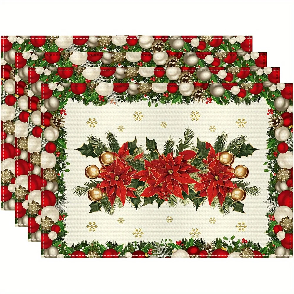 [4-Pack Festive Placemats 12x18 Inch] 4-Pack Christmas Placemats - Hand Wash Only, Polyester Woven Rectangular Table Mats with F