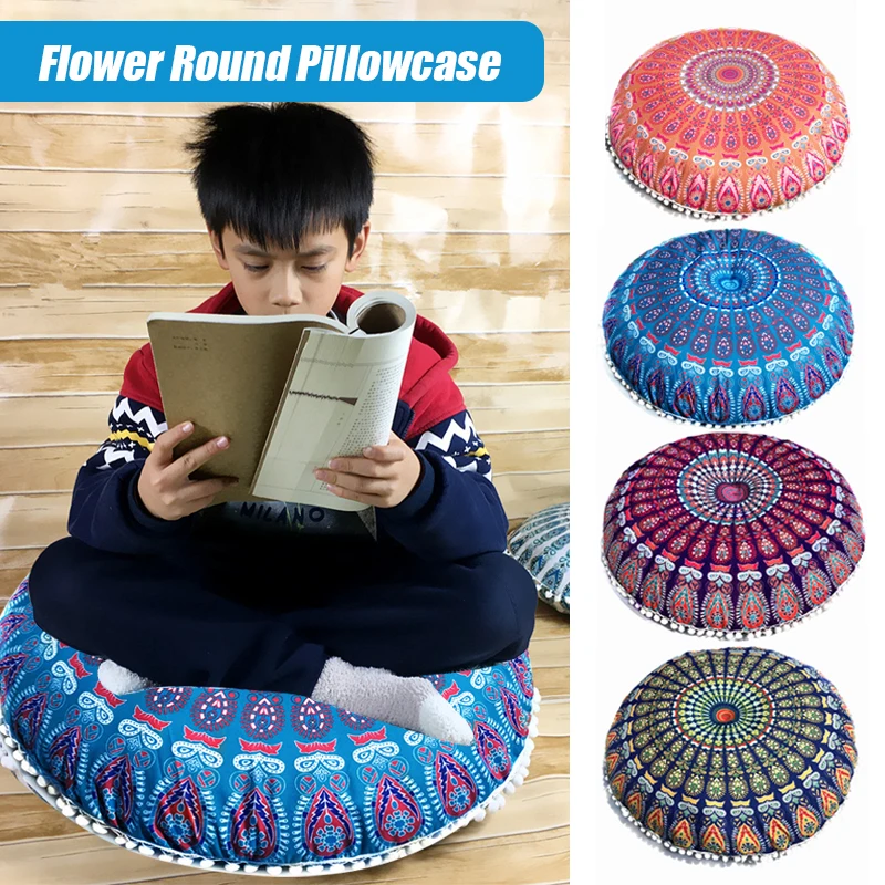 

43/80cm Mandala Pattern Floor Pillowcase Round Bohemian Meditation Seat Cushion Cover Pouf Case Retro Feather Printed Home Decor