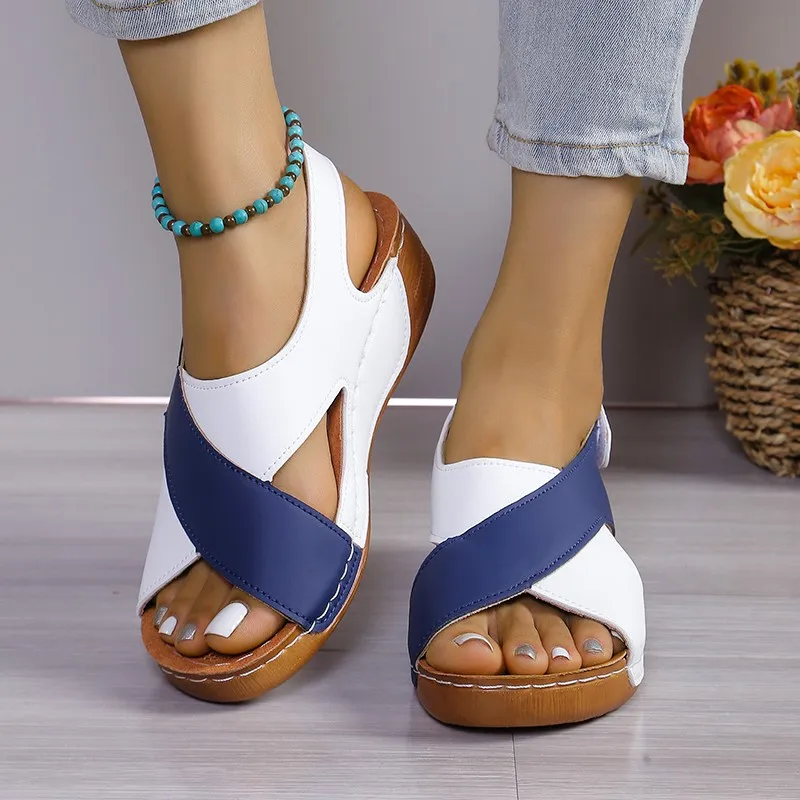 2024 New Fashion Women\'s Sandals Summer Retro Solid Color Thick Bottom Wedge Heel Open Toe Large Size Fish Mouth Sandals Zapatos