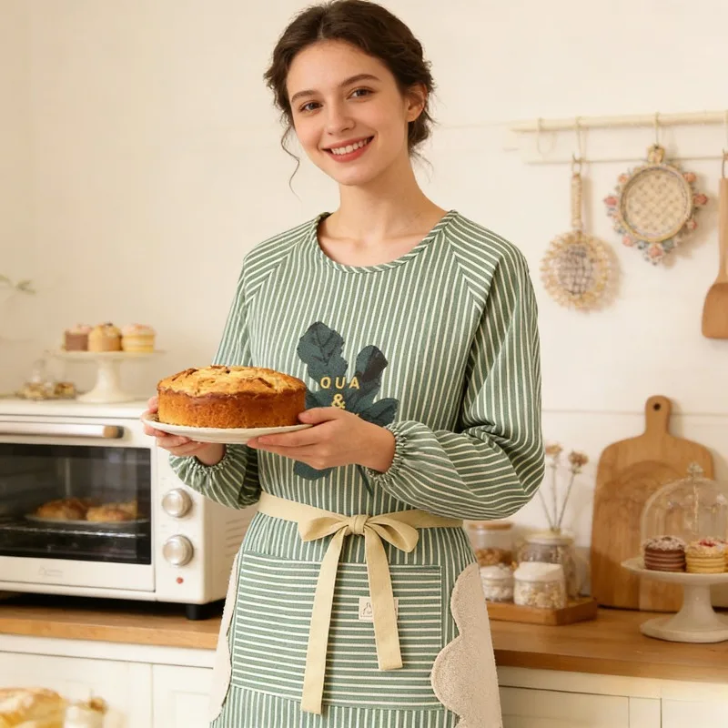 

New Women's Cotton Linen Long Sleeve Apron Breathable Stain-Resistant Kitchen Home Cooking Workwear