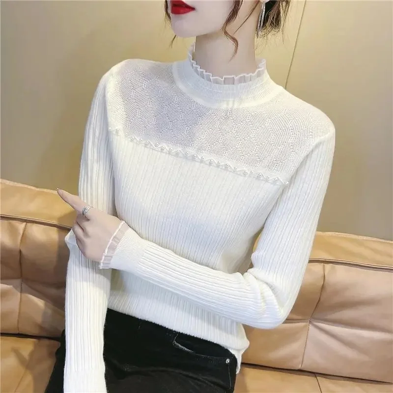 Sweater Women's Turtleneck Lace Ruffle Pullover Women's Trumpet Sleeve Top Solid Color Knitwear Trending Sweater Autumn Winter