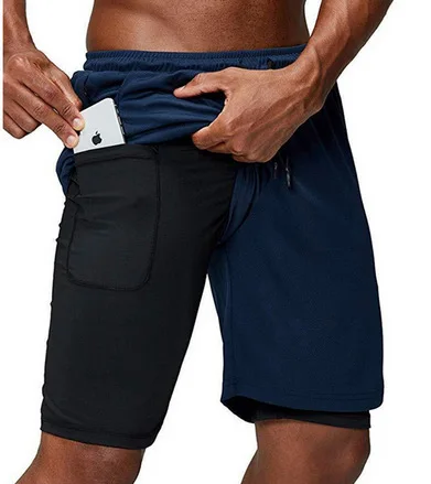 Men Workout Shorts with Legging Lining Slim Bodybuilding Short Pants with Zipper Pockets and Earphone Cable Hole