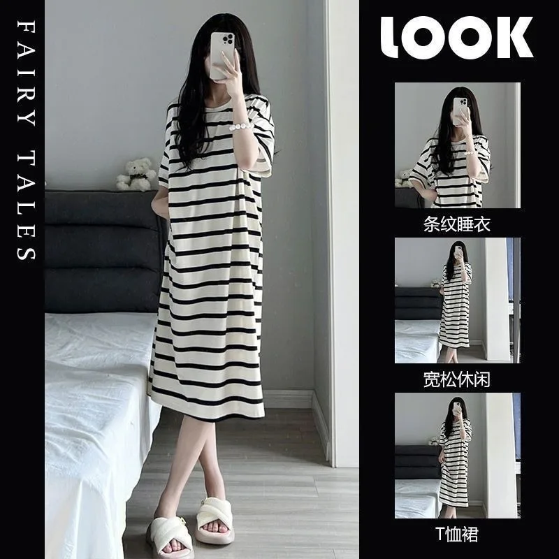 Pajamas Women Summer Ins Can Be Worn Outside Female Student Dormitory Pajamas Loose Striped Short Sleeves Korean Long Loungewear