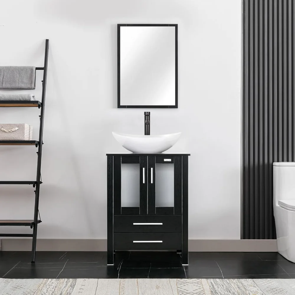 Lavabo de tocador de baño moderno de 24 ", mueble con soporte negro combinado con lavabo de cerámica para barco blanco, grifo de ahorro de agua y drenaje emergente