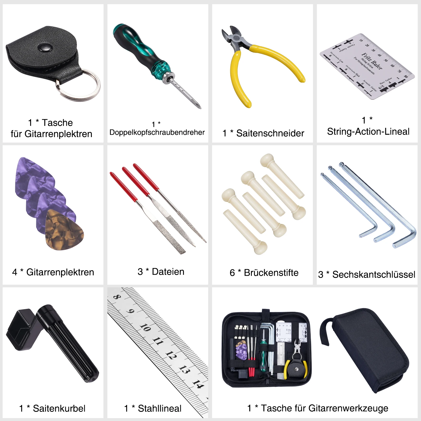 طقم إصلاح الجيتار الاحترافي مكون من 11 قطعة من Lekato، مفاتيح سداسية دقيقة، ماكينة لف سلسلة ومقص للقيثارات الكهربائية/الصوتيات & B