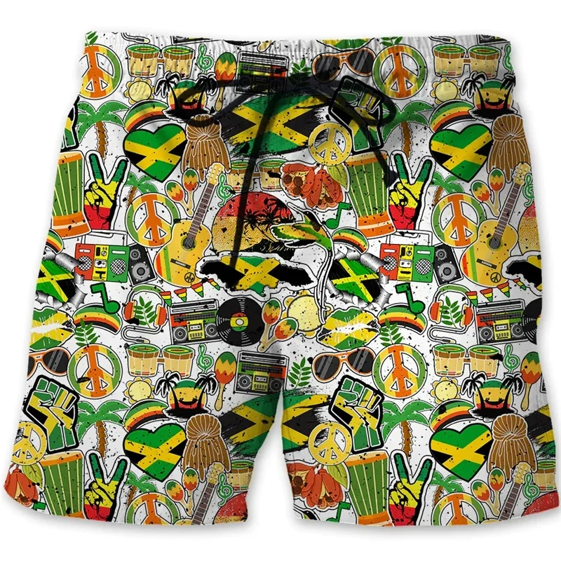 Jamaica Lion Emblem Graphic Beach Shorts For Men 3D Print Jamaican Flag Pattern Hawaii Ice Shorts Summer Mens Swim Trunks