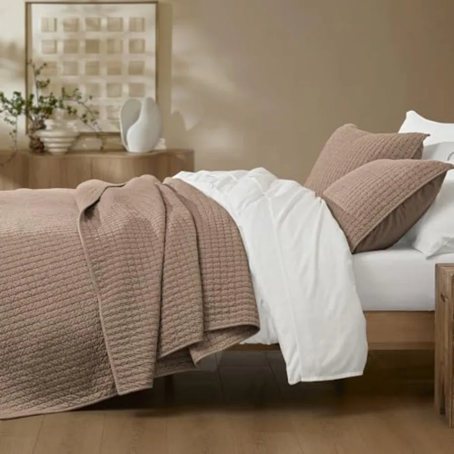 

100% Cotton Jersey Knit Quilt - Stitch Heather Brown Mocha King Quilt with Two Pillow Shams - Soft and Breathable All-Season Us