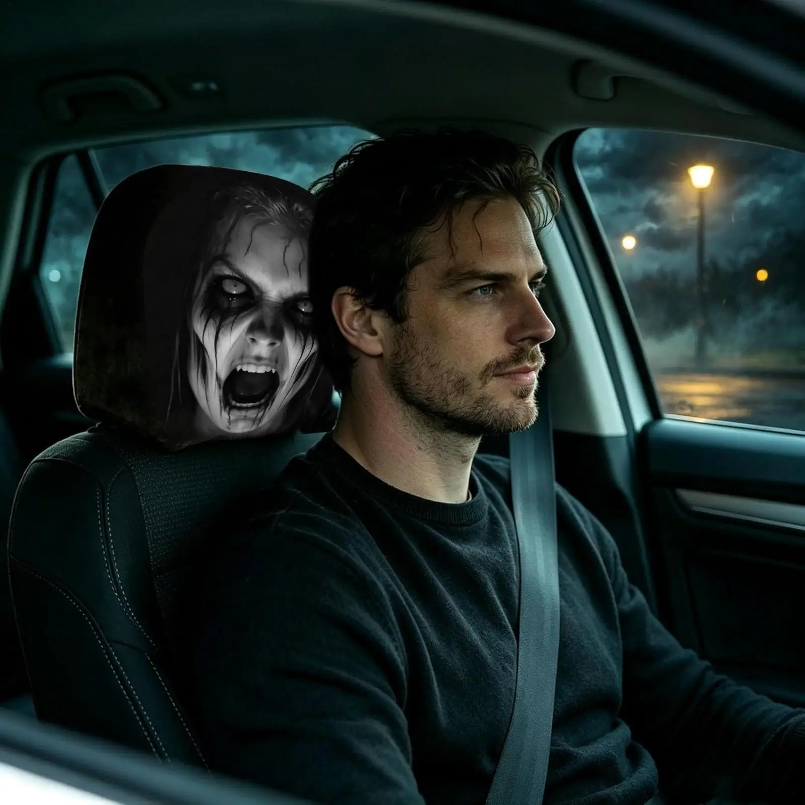 2pcs Halloween Ghost Face Headrest Covers Spooky Ghost Face Stretchy Car Seat Headrest Cover for SUVs Trucks Halloween Trip