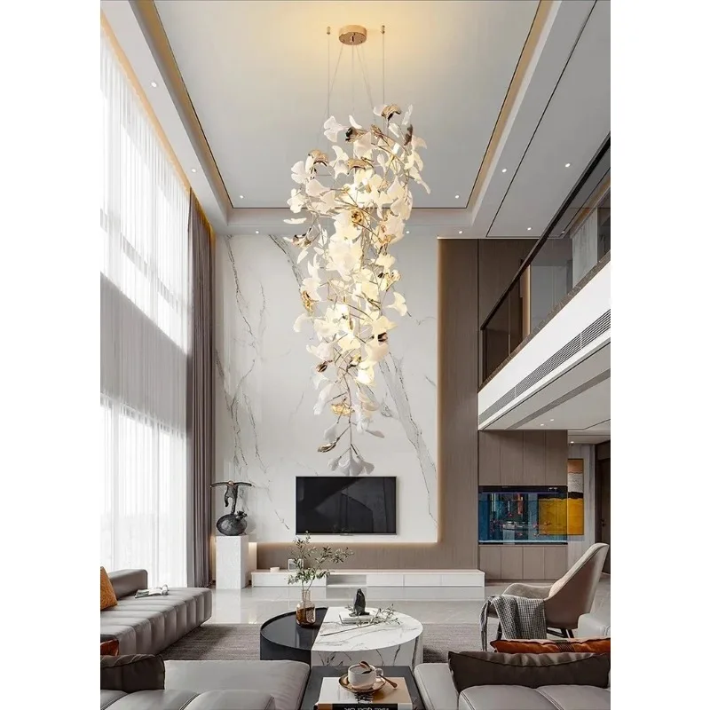 Современные подвесные лестничные люстры с листьями гинкго для зала, вестибюля, роскошные большие дизайнерские высокие потолочные люстры для гостиной, S-образная форма