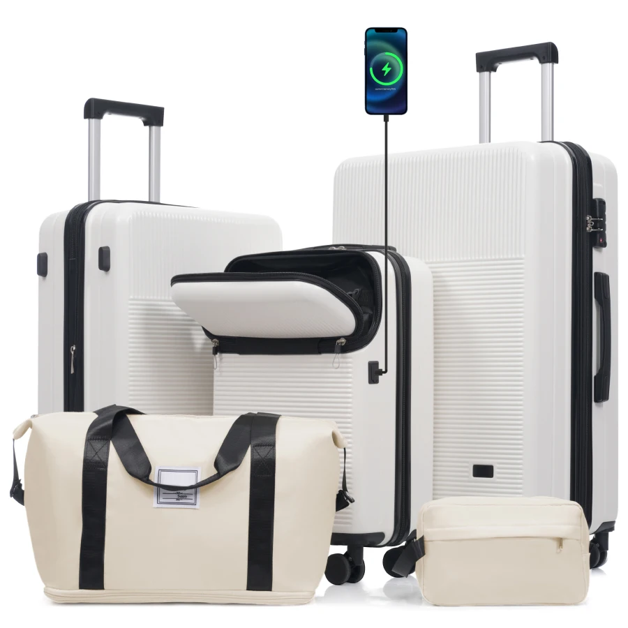 

Luggage Sets 5 Piece for travel, polycarbonate hardside, black, half-opening design with double spinner wheels, lightweight, US
