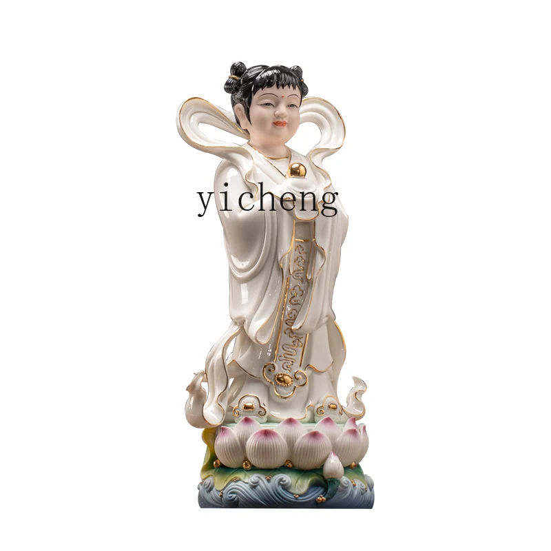 FJ-17  Ceramic Wealth God Boy and Dragon Girl Figurine Golden Boy Jade Girl Buddha Statue for Worship and Home Use