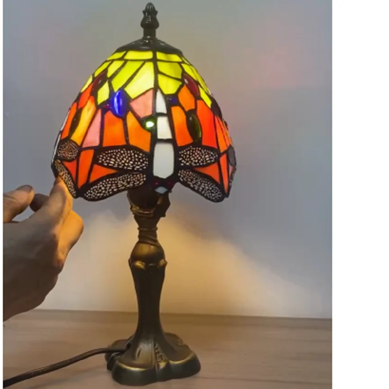 

Small Table Lamp Decoration Aesthetic Retro Stained Glass shade Light Tiffany style Sunflower Dragonfly Rose design 13.4" Tall