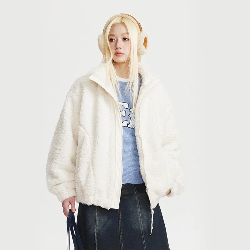 Brown Stand Collar Furry Jacket Fluffy Loose Zip-up Faux Fur Jacket Warm Casual Stylish Plush Coat Faux Lamb Preppy Style Street