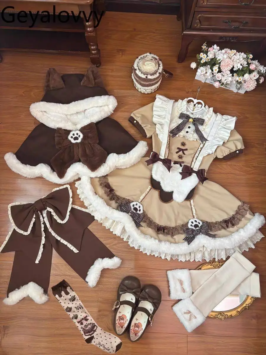 

Осенне-зимний милый комплект для девочек: теплый плащ-накидка с капюшоном в японском стиле Лолита, короткий рукав, платье с завышенной талией и бантом, утягивающее фигуру