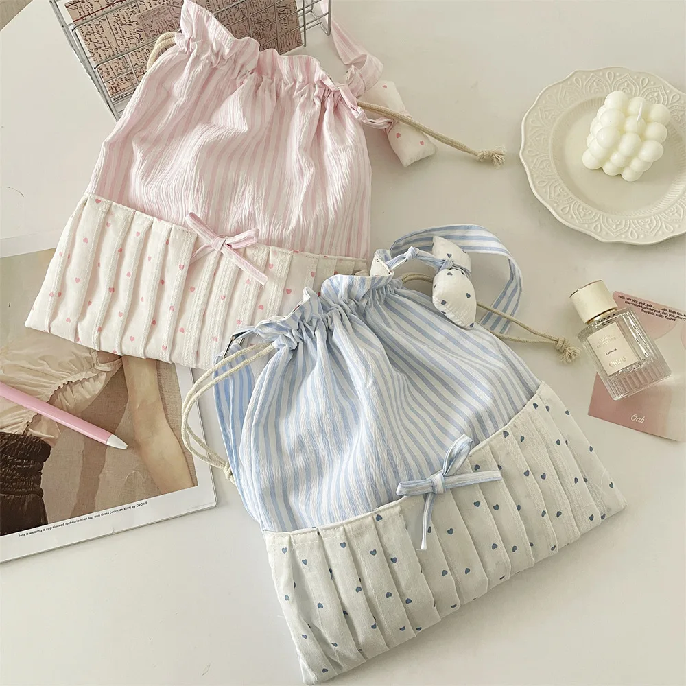 

Sweet Stripe Pink & Blue Shoulder Bag with Small Bow for Women Cute Crossbody Bag Soft Drawstring Pouch Ladies Phone Bag Purse