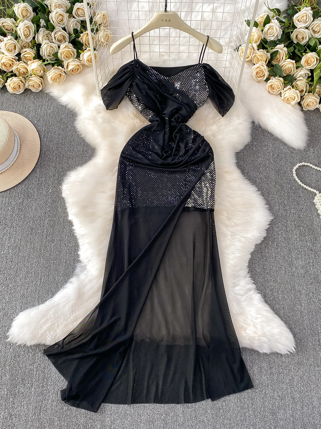 Vestido feminino de lantejoulas com alça espaguete, cintura recortada, camada de chiffon, malha, vestido de noite, sexy, slimfit, halter, costas nuas, linha a